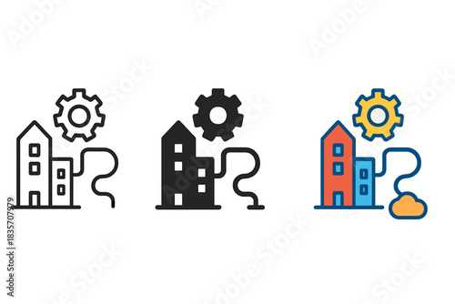 Abstract Mechanical Icons. three minimal vector icons of abstract mechanical town layout powered by pneumatic storytelling flow,