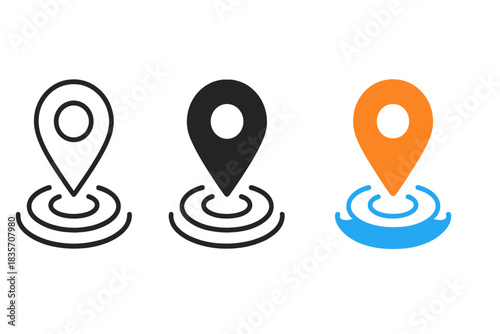 Minimal Map Icons. three minimal vector icons of abstract map built from echo dots and wave reflections, line outline style, solid