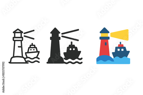 Minimal Ship Icons. three minimal vector icons of a ship sailing under the bright rotating beam of a lighthouse, line outline