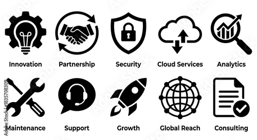 Black and white vector icons showcasing innovation, partnership, security, cloud services, and analytics
