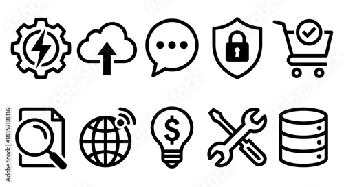 Black Line Icon Set of Cloud Computing, Security, and Shopping Cart on White Background