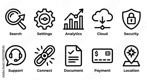 Minimalist black line art icons for business and technology including Search, Analytics, and Security on white background