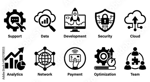 Black and white line art icons depicting support, data, development, security, cloud, analytics, network, payment, optimization, and team concepts