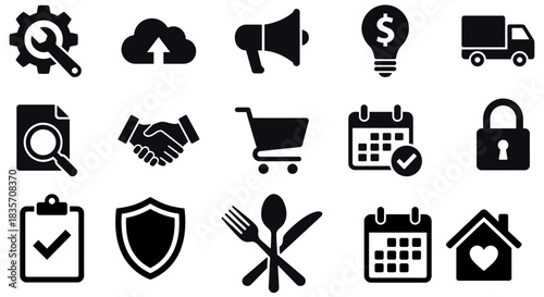 Black Business and Technology Icons Arranged on White Surface with Settings Gear, Cloud Upload, Megaphone