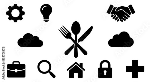 Black silhouette of crossed cutlery and various icons on plain white background, overhead view