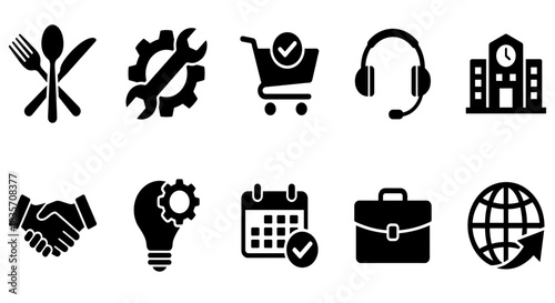Black silhouette icons of restaurant cutlery, repair wrench, shopping cart, headset, and school building