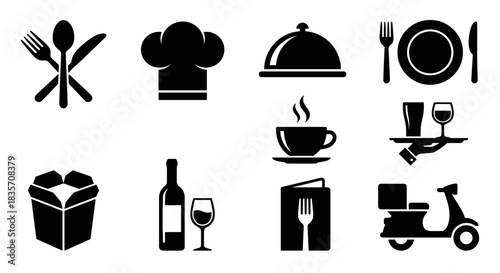 Black silhouette food and beverage service icons including scooter, wine, coffee, tray and chef's hat on white backdrop