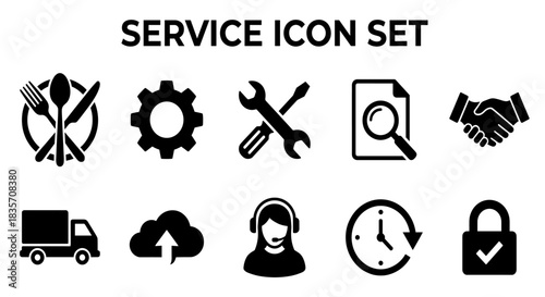 Black service icon set with fork, gear, tools, document, handshake, truck, cloud, headset, clock and lock