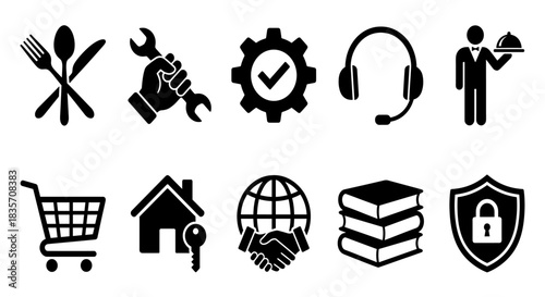 Black and white service icon set on white backdrop