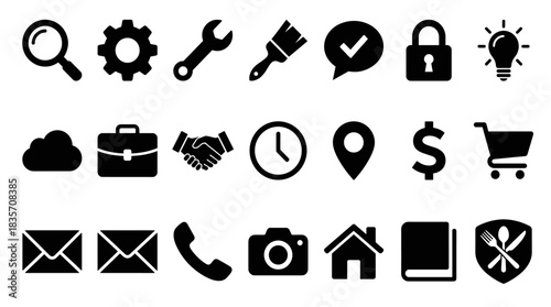 Collection of black and white vector icons with varied graphic elements on a white digital surface