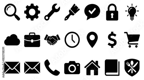 Black Silhouette Icon Set: Magnifying Glass, Gear, Wrench, and More on White Background