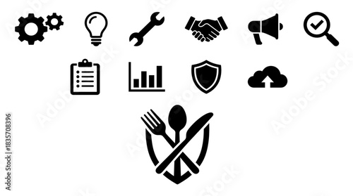 Abstract Icon Set: Crossed Silverware Shield and Business Symbols in Flat Black on White