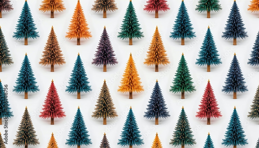Obraz premium Colorful metallic christmas trees in jewel tones with golden stars on white background, vibrant seamless holiday pattern.