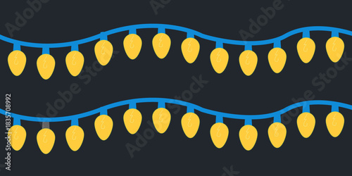 String of colorful holiday lights, Christmas decoration lights seamless repeatable isolated realistic design elements, glowing lights for greeting card design, bright garlands