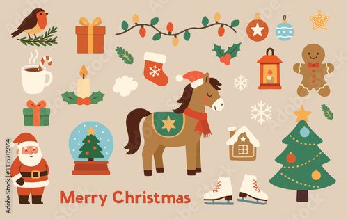 Cozy Christmas. Cute vector illustration. New Year's horse. Set of vector elements. Children's horse. New Year's toys. Adorable prints. Red fiery horse. Christmas tree and toys. Festive magic