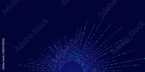 Binary code streams radiate from center as dotted lines. Digital data flow graphic for tech, AI or network concepts. Abstract visualization of information transfer or system expansion