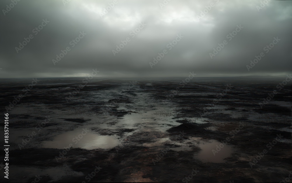 Fototapeta premium Dramatic moody landscape with dark cloudy sky over water surface