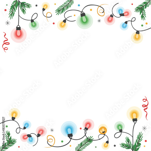 border of colorful christmas string lights and pine branches. christmas banner design