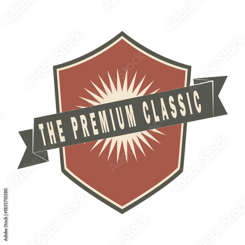 Vintage shield badge logo with retro ribbon banner, classic emblem design for branding, premium product label, heritage style insignia suitable for packaging and identity.