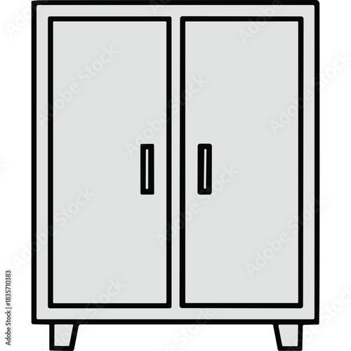 A simple line drawing of a light gray double door closet with black outlines and handles on a white background