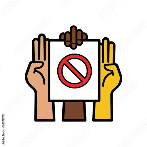 Protestors holding a sign with a prohibition symbol.