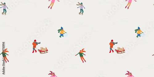 Seamless winter pattern featuring children ice skating, pulling sleds, and rolling snowballs, along with a dog enjoying the snow. Playful seasonal illustration perfect for festive designs.