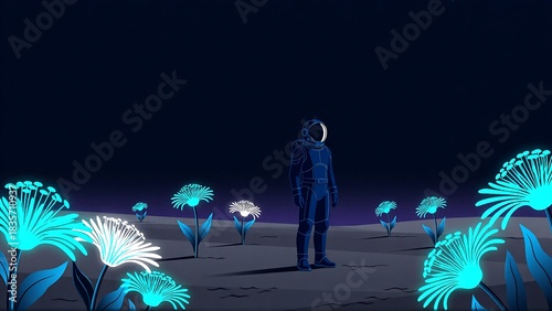 Astronaut discovers glowing alien flora on dark desolate planet looking for signs of life