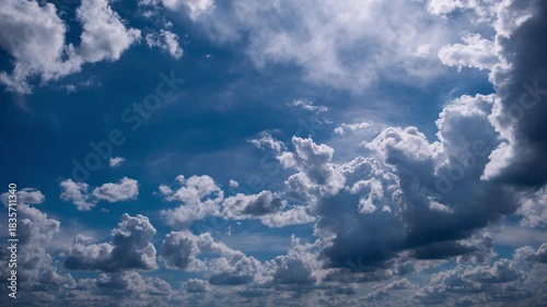 Dynamic movement of sunlit cumulus clouds drifting across a vibrant blue sky is captured here. The shifting patterns of light and shadow highlight bright white puffs.