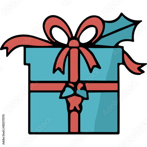 A Teal Gift Box Tied With A Red Ribbon And Holly Leaves Accent For Holiday Celebration Against A Black Background