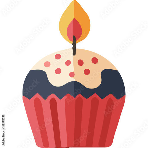A Single Chocolate Muffin Topped with Cream Frosting and Sprinkles Features a Brightly Burning Candle on a Black Background