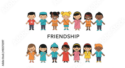 Illustration of two rows of diverse cartoon children holding hands to represent global friendship, unity, and childhood.