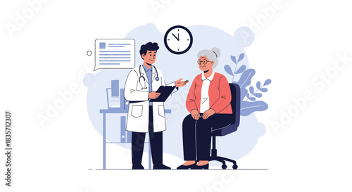Male doctor standing with a clipboard and talking to a concerned elderly female patient who is sitting in the office.
