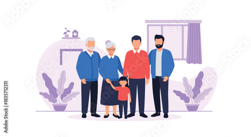 Multi-generational family portrait with grandparents, a gay couple, and a child standing together happily in their home.