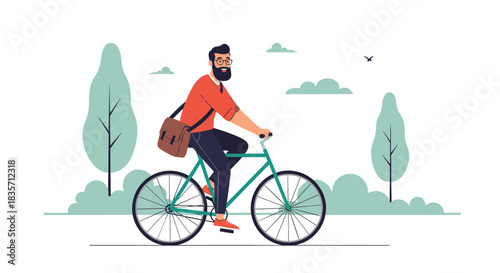 Stylish bearded man with glasses and a shoulder bag happily rides his bicycle through a city park with green trees.