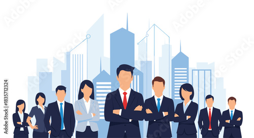 Confident business team of men and women in professional suits stands with crossed arms in front of a modern city skyline.