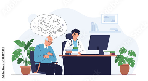 Male doctor listens as an anxious senior male patient describes his confused and tangled thoughts in a medical office setting.