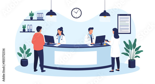 Modern hospital or clinic reception area with doctors and a patient standing at the front desk for an appointment.