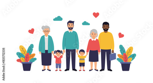 Happy and diverse multi-generational family group with grandparents and children standing together, surrounded by hearts.