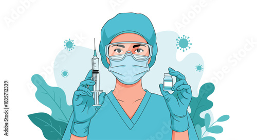 Female doctor or nurse in full protective gear holds a syringe and a vial of the COVID-19 vaccine for immunization.