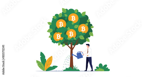 Businessman waters a tree that is growing golden Bitcoin coins, representing investment in cryptocurrency and financial growth.