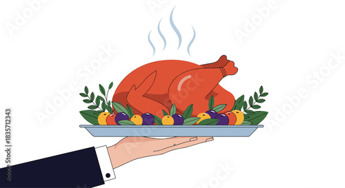 Waiter's hand presents a perfectly roasted Thanksgiving or Christmas turkey on a platter with vegetable and fruit garnishes.