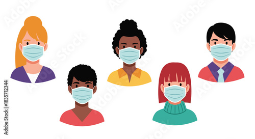 Diverse group of five young men and women of different ethnicities wearing protective medical face masks for safety.