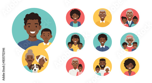Set of circular avatars showing happy African American family members, including parents, children, grandparents, and pets.