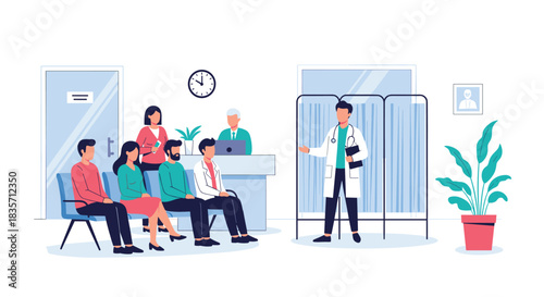 Male doctor speaking to a group of patients in the waiting room of a hospital, with a receptionist in the background.
