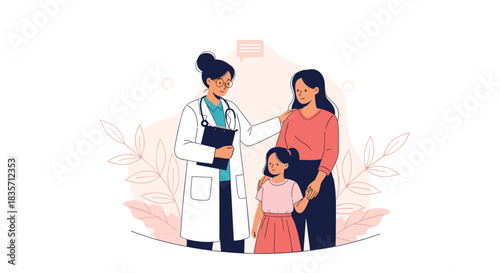 Female doctor provides a comforting consultation to a mother and her young daughter in a clinic with a warm atmosphere.