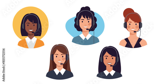 Set of five female call center agents or customer service representatives with headsets, smiling and ready to assist.