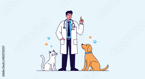 Friendly male veterinarian in a white coat stands with a cute cat and dog, representing care for all domestic pets.