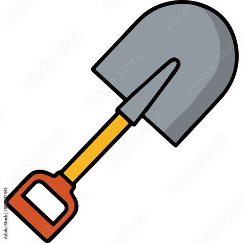 A Detailed Illustration of a Garden Shovel Featuring a Gray Metal Blade a Yellow Handle and an Orange Grip Set Against a Stark Black Background Ideal for Gardening and Construction Concepts