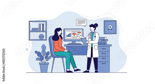 Female doctor in her office shows a female patient her positive heart health results on a computer monitor during a check-up.