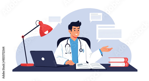Friendly male doctor sits at his desk with a laptop and books, offering medical advice and consultation with speech bubbles.